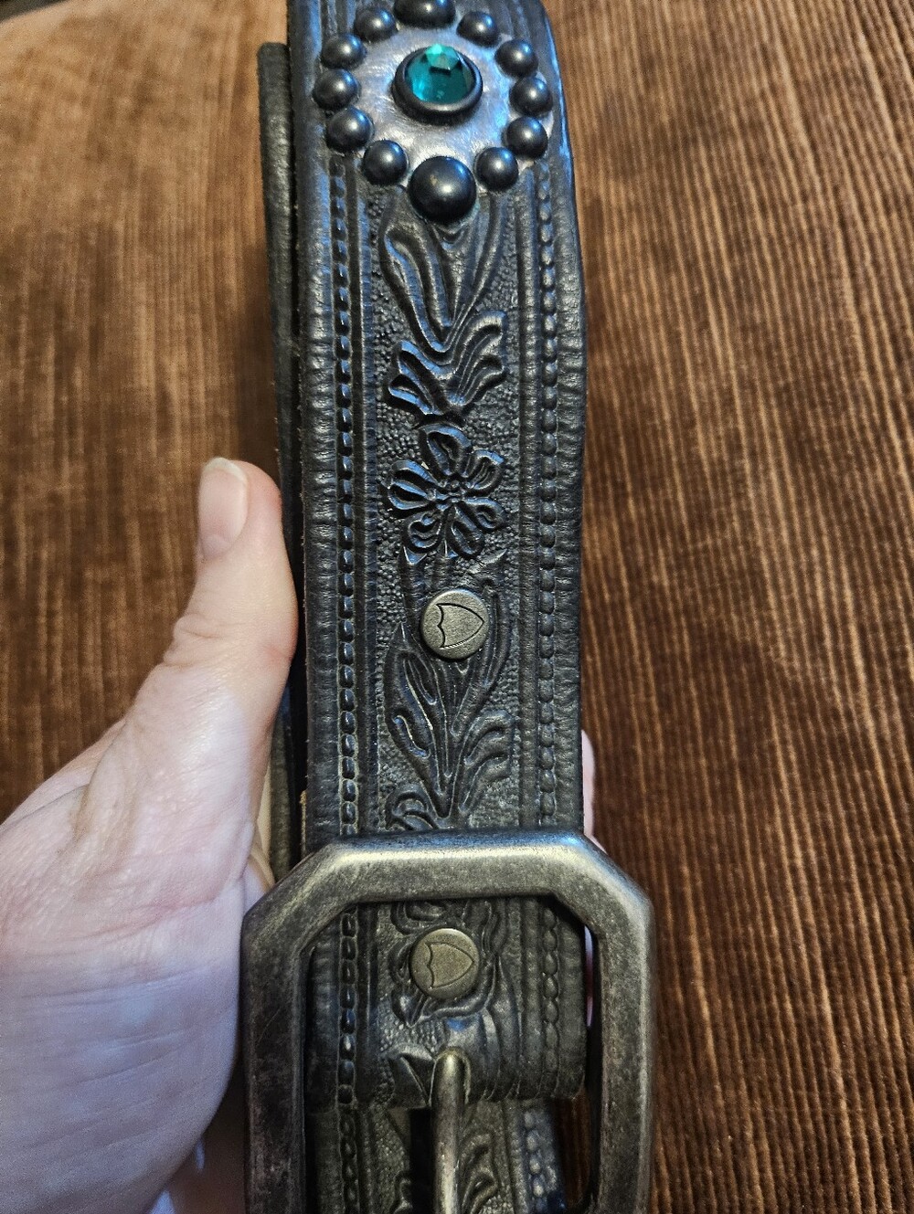 Hollywood Trading Company Studded Jeweled Tooled Leather Belt HTC Italy